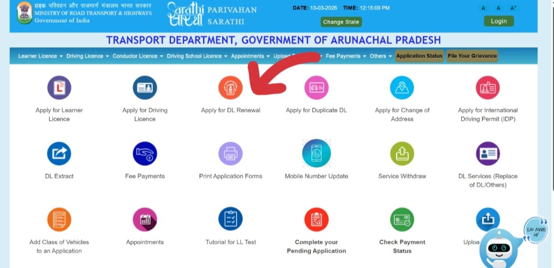 Services on Driving Licence — select state on Sarathi